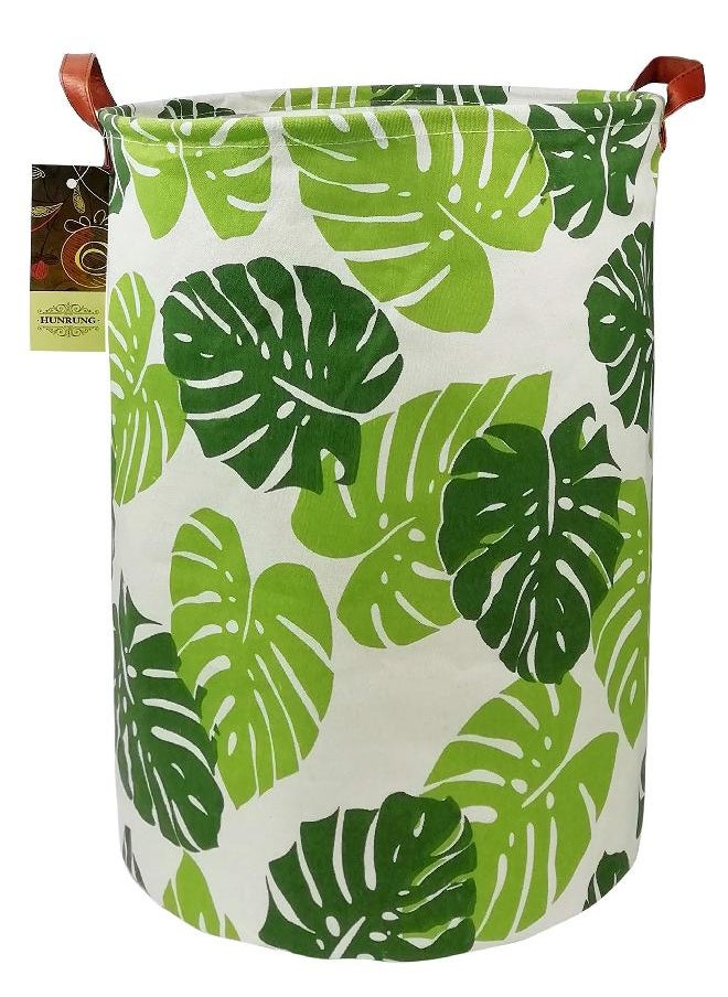 HUNRUNG Laundry Hamper,Large Canvas Fabric Lightweight Storage Basket Toy Organizer Dirty Clothes Collapsible Waterproof for College Dorms, Children Bedroom,Bathroom (Round Leaf)
