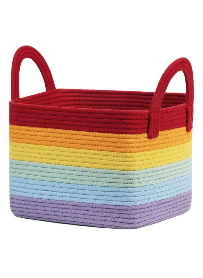 Rainbow Shelf Basket, Medium Woven Storage Basket, Empty Baby Gift Basket With Handles, Cotton Rope Basket For Towel, 13.5 X 11 X 9 Inches