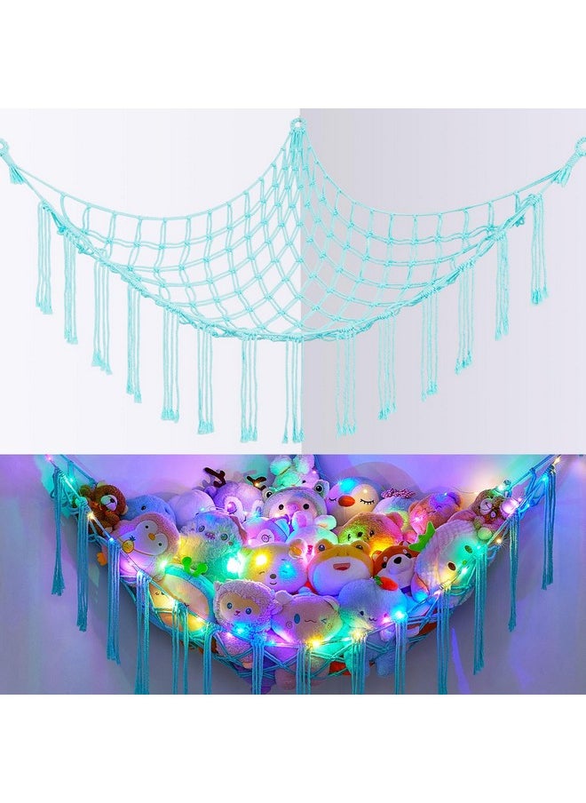 Stuffed Animals Net Or Hammock With Led Light, Hanging Stuffed Animals Storage Toy Hammock Net Corner Wall Girls Room Decor Toy Storage Organizer, Light Aqua Green, L