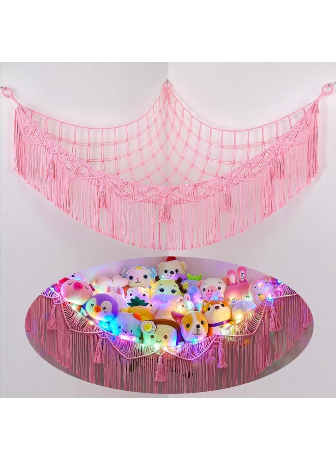 Stuffed Animals Hammock With Led Light Corner Hanging Net For Stuffed Animals Storage Girls Room Decor Stuff Animals Organizer Holder With Tassels Toy Hammock Storage, Pink