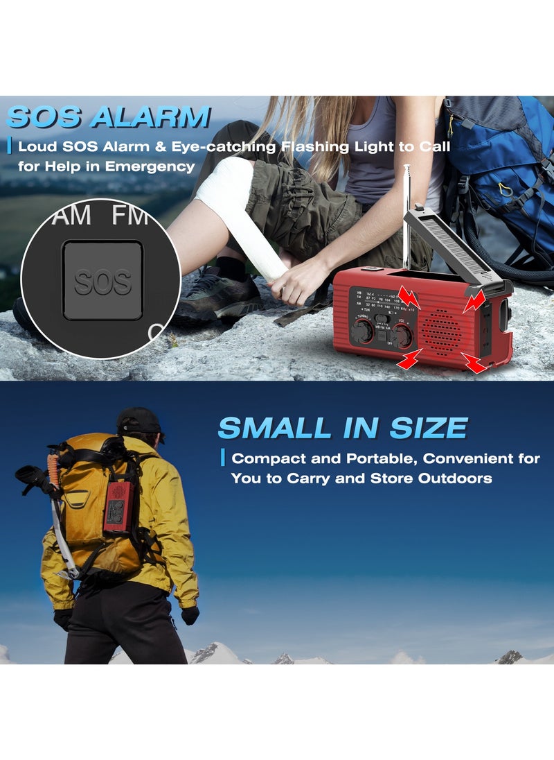 Emergency Radio, Hand Crank Radio Solar for Hurricane Supplies, AM/FM NOAA Portable Weather Radio 7400mWh with LED Flashlight, Power Bank, 180°Rotatable Reading Lamp for Emergency