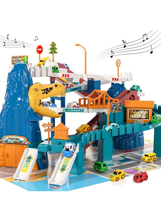 Boys Dinosaur Race Track Playset, Kids Car Garage Parking Adventure Toy With 10 Mini Cars, Educational Toy Ramp Playset For 3 4 5 7 8 Year Old Toddler Boys Preschool Girls