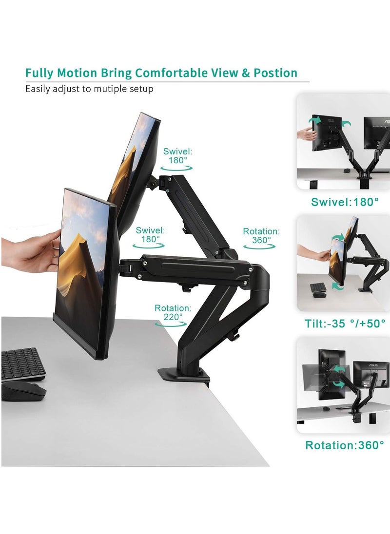 Dual Arm Monitor Desk Mount Height Adjustable, Tilt, Swivel, Counterbalance Gas Spring Stand | VESA Bracket Arm Fits Most Screens 13