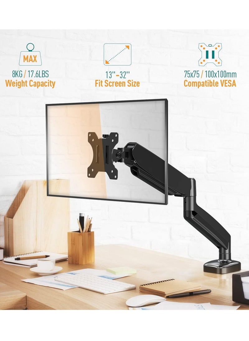 Single Monitor Arm for Most 13-32 Inch Monitors with VESA 75x75/100x100mm up to 8KG, 360° Rotation Gas Spring Arm with C-Clamp and Grommet Base, Monitor Stand Mount