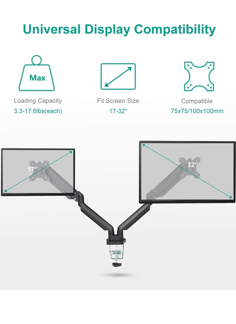 Dual Monitor Mount Stand - Height Adjustable Monitor Arm Stand Fully Articulating Counterbalance Gas Spring Desk Mount for Two 17 to 32 inch Screens