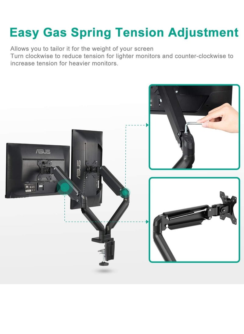 Dual Monitor Mount Stand - Height Adjustable Monitor Arm Stand Fully Articulating Counterbalance Gas Spring Desk Mount for Two 17 to 32 inch Screens