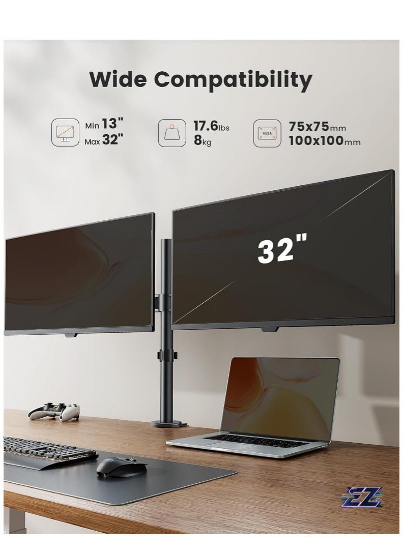 Dual Monitor Stand for 13 to 32 Inch Screens, Dual Monitor Arm Mount Ergonomic Viewing Angle, Adjustable Tilt ±45°/ Swivel 180°/ Rotate 360°/ VESA 75/100mm