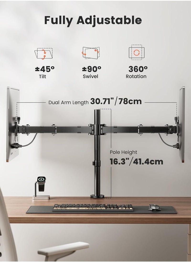 Dual Monitor Stand for 13 to 32 Inch Screens, Dual Monitor Arm Mount Ergonomic Viewing Angle, Adjustable Tilt ±45°/ Swivel 180°/ Rotate 360°/ VESA 75/100mm