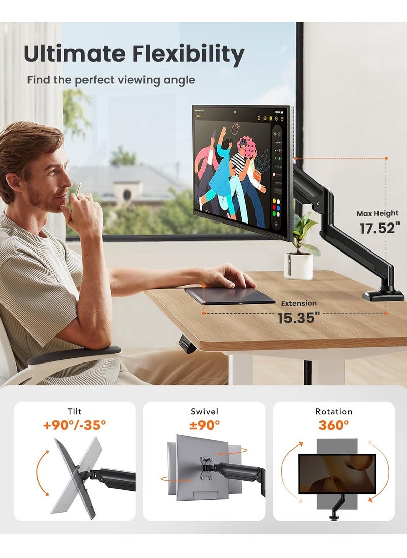 Single Monitor Arm for 13-32 inch Screens, Adjustable Gas Spring Monitor Mount Holds up to 22 lbs, Computer Monitor Stand with VESA Mount, C-Clamp & Grommet Base, Max VESA 100x100mm