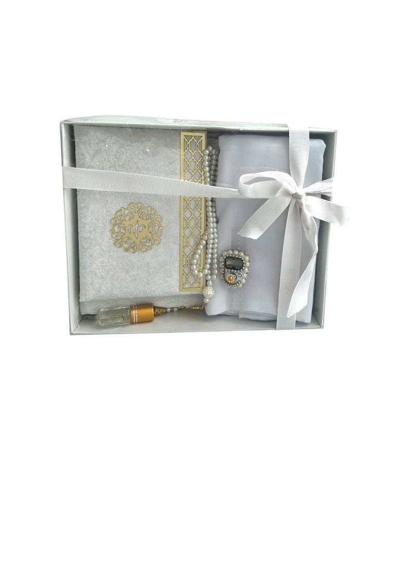 Sajadati Deluxe Muslim Prayer Gift Set – Holy Quran, Premium Salah Mat, Head Scarf, Tasbih Beads & Digital Counter, Oud Oil – Elegant White Islamic Gift for Ramadan, Eid & Special Occasions