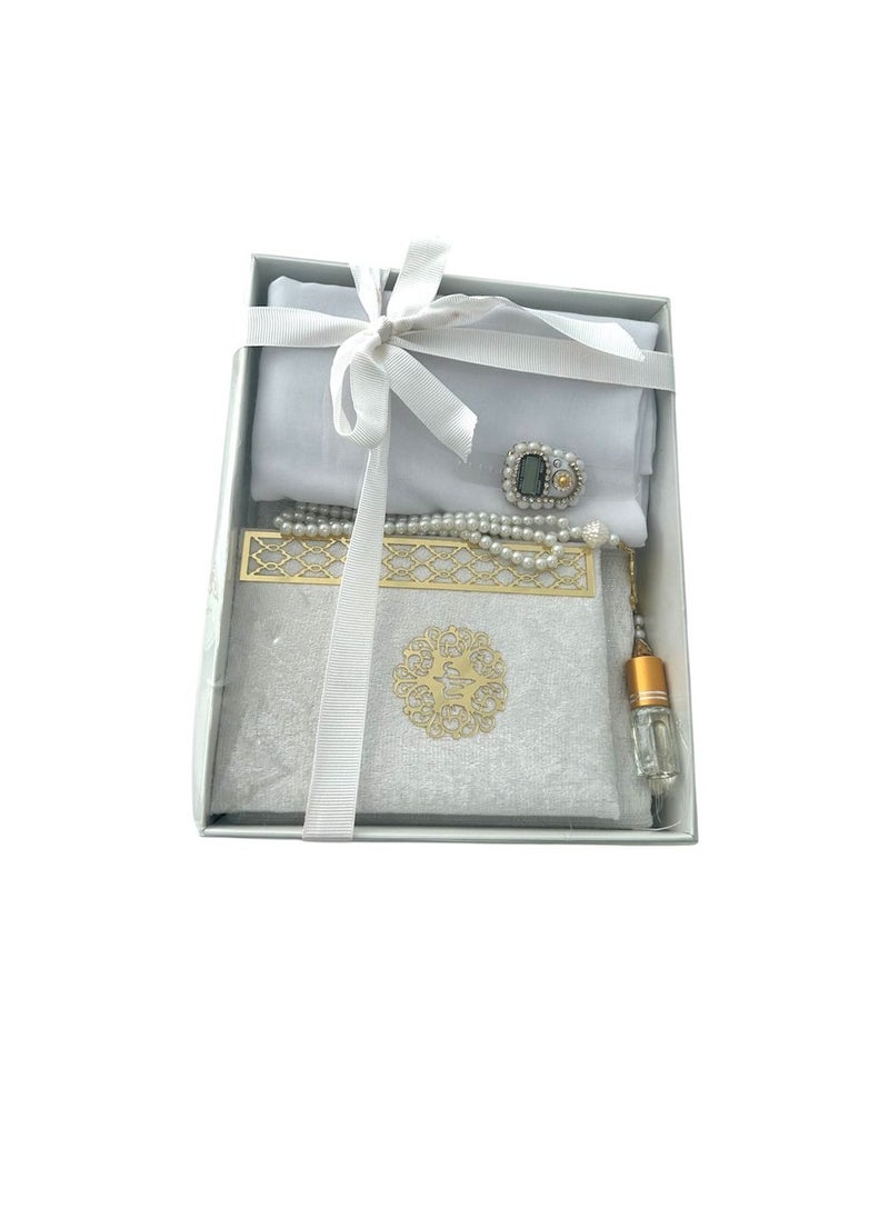 Sajadati Deluxe Muslim Prayer Gift Set – Holy Quran, Premium Salah Mat, Head Scarf, Tasbih Beads & Digital Counter, Oud Oil – Elegant White Islamic Gift for Ramadan, Eid & Special Occasions