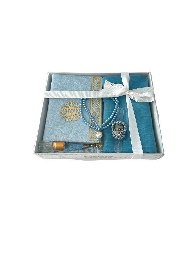 Sajadati Deluxe Muslim Prayer Gift Set – Holy Quran, Premium Salah Mat, Head Scarf, Tasbih Beads & Digital Counter, Oud Oil – Elegant Sky Blue Islamic Gift for Ramadan, Eid & Special Occasions