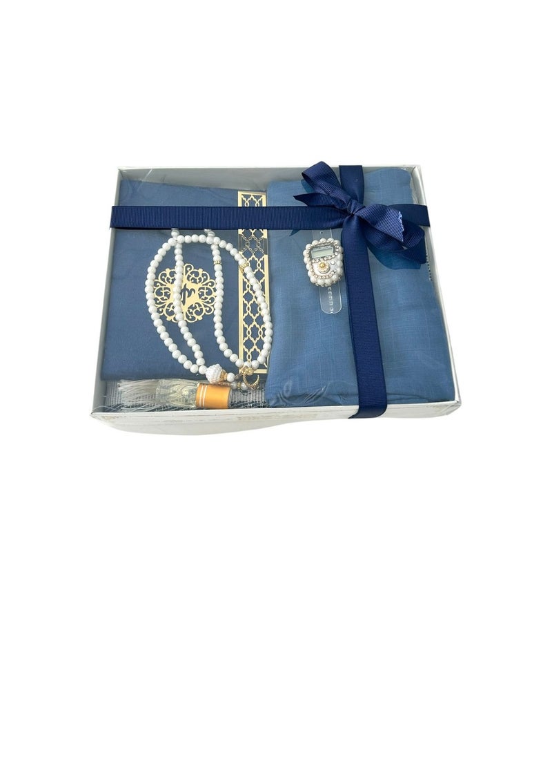 Sajadati Deluxe Muslim Prayer Gift Set – Holy Quran, Premium Salah Mat, Head Scarf, Tasbih Beads & Digital Counter, Oud Oil – Elegant Blue Islamic Gift for Ramadan, Eid & Special Occasions