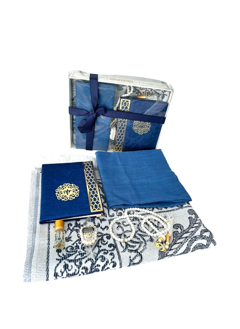 Sajadati Deluxe Muslim Prayer Gift Set – Holy Quran, Premium Salah Mat, Head Scarf, Tasbih Beads & Digital Counter, Oud Oil – Elegant Blue Islamic Gift for Ramadan, Eid & Special Occasions