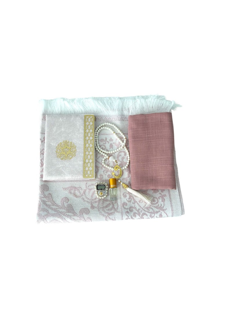 Sajadati Deluxe Muslim Prayer Gift Set – Holy Quran, Premium Salah Mat, Head Scarf, Tasbih Beads & Digital Counter, Oud Oil – Elegant Pink Islamic Gift for Ramadan, Eid & Special Occasions