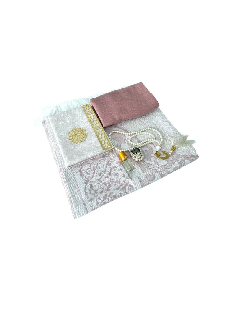 Sajadati Deluxe Muslim Prayer Gift Set – Holy Quran, Premium Salah Mat, Head Scarf, Tasbih Beads & Digital Counter, Oud Oil – Elegant Pink Islamic Gift for Ramadan, Eid & Special Occasions