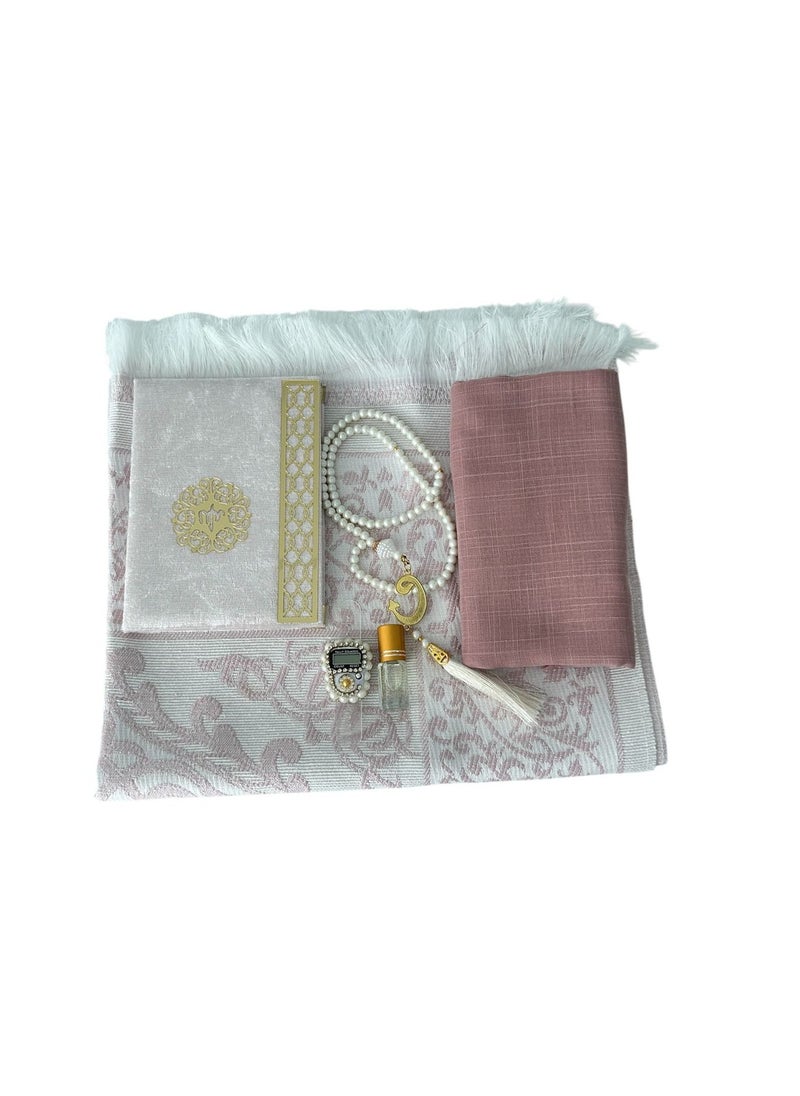 Sajadati Deluxe Muslim Prayer Gift Set – Holy Quran, Premium Salah Mat, Head Scarf, Tasbih Beads & Digital Counter, Oud Oil – Elegant Pink Islamic Gift for Ramadan, Eid & Special Occasions