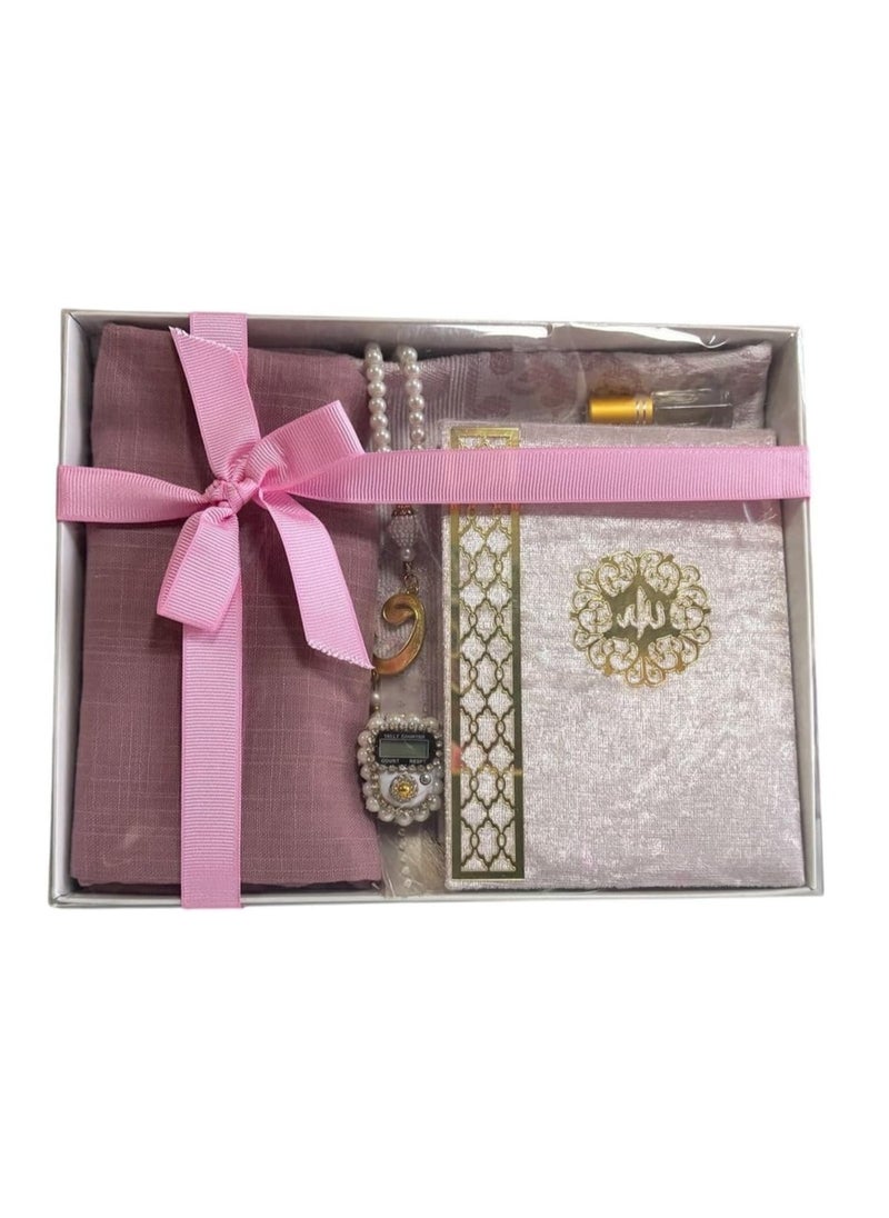 Sajadati Deluxe Muslim Prayer Gift Set – Holy Quran, Premium Salah Mat, Head Scarf, Tasbih Beads & Digital Counter, Oud Oil – Elegant Pink Islamic Gift for Ramadan, Eid & Special Occasions