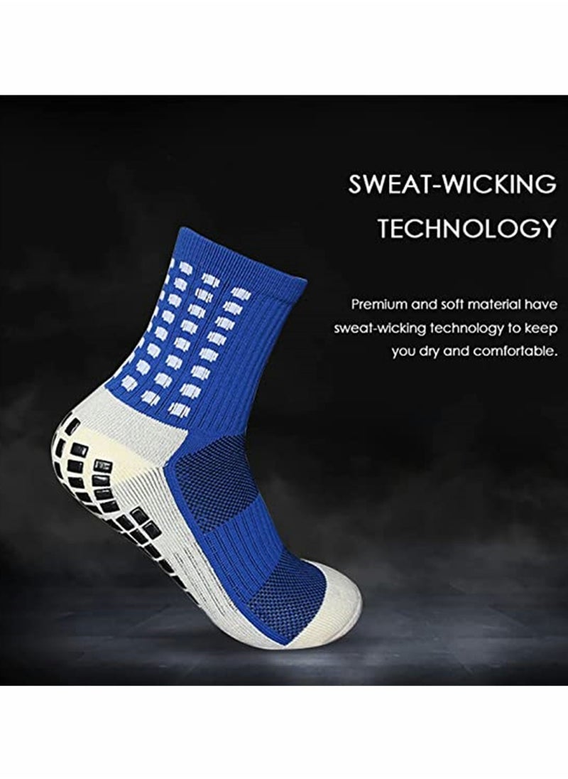 4 Pcs Unisex Non Slip Sport Soccer Socks, Breathable Comfortable Athletic Football Basketball Hockey Sports Grip Socks with Rubber Dots for Men and Women (Blue)