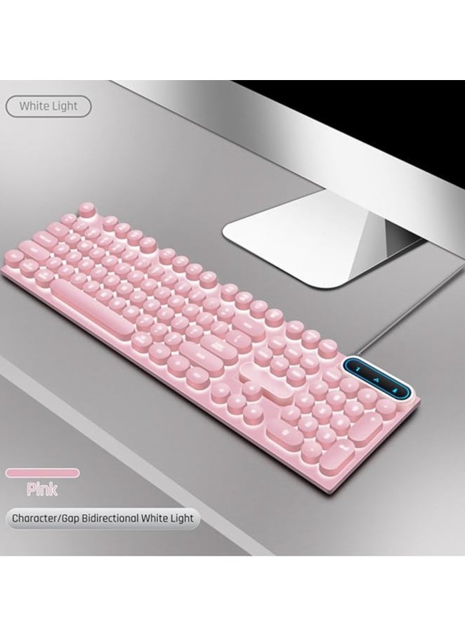 Retro Wired Gaming Keyboard, Led Backlit Typewriter Style Mechanical Gaming Keyboard with 104 Round Keys, Multimedia Keys, Ergonomic USB Keyboard for Office Desktop Laptop (Pink)