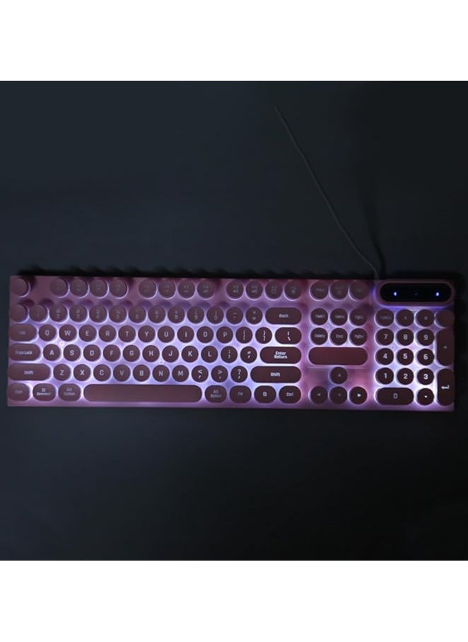 Retro Wired Gaming Keyboard, Led Backlit Typewriter Style Mechanical Gaming Keyboard with 104 Round Keys, Multimedia Keys, Ergonomic USB Keyboard for Office Desktop Laptop (Pink)