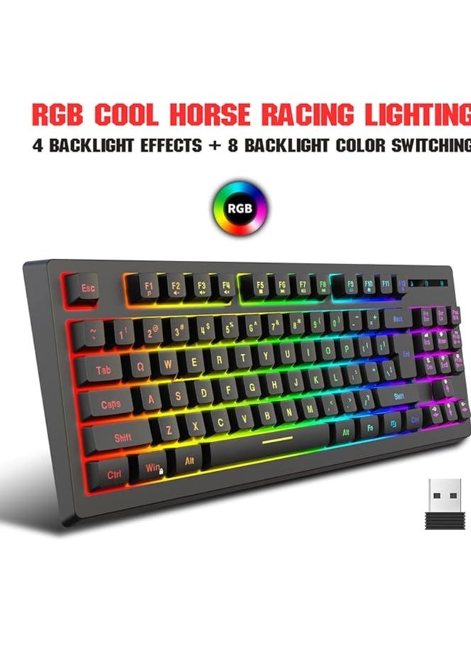 RGB Wireless Mechanical Gaming Keyboard, 87 Keys LED Backlit Computer Keyboard with Rechargeable Battery, 2.4G USB Receiver, Ergonomic Compact Keyboard for PC Gamer(Black)