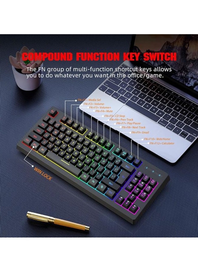 RGB Wireless Mechanical Gaming Keyboard, 87 Keys LED Backlit Computer Keyboard with Rechargeable Battery, 2.4G USB Receiver, Ergonomic Compact Keyboard for PC Gamer(Black)