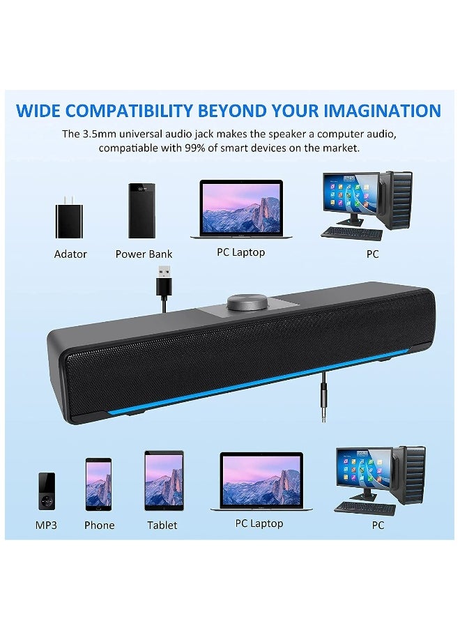 Computer Speakers, 2.0 Stereo USB Powered Wired Soundbar Speaker with Blue LED Light and 3.5 mm Aux Connection for TV Desktop Laptop PC Monitor Mobile Phone