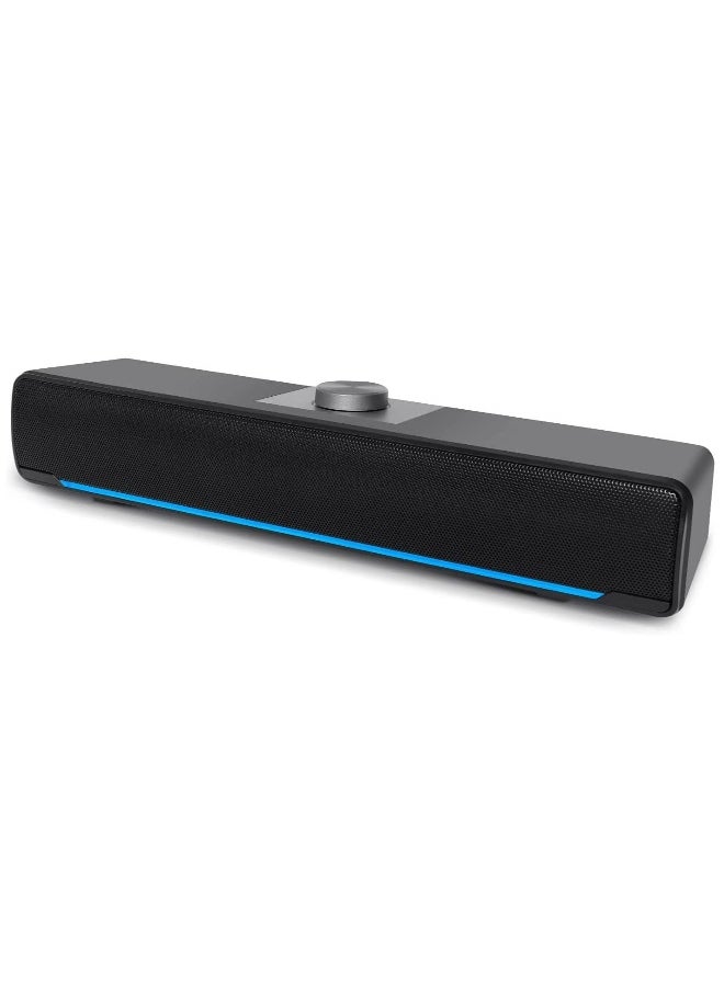 Computer Speakers, 2.0 Stereo USB Powered Wired Soundbar Speaker with Blue LED Light and 3.5 mm Aux Connection for TV Desktop Laptop PC Monitor Mobile Phone