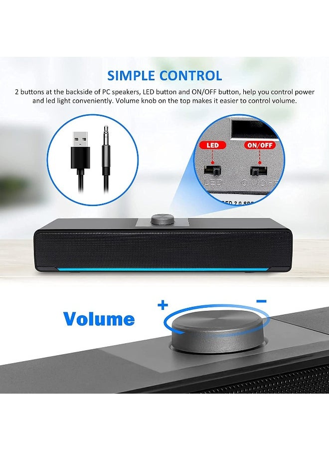 Computer Speakers, 2.0 Stereo USB Powered Wired Soundbar Speaker with Blue LED Light and 3.5 mm Aux Connection for TV Desktop Laptop PC Monitor Mobile Phone