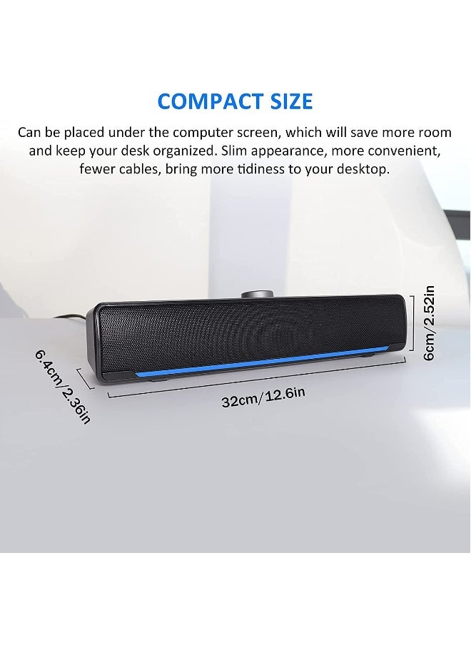 Computer Speakers, 2.0 Stereo USB Powered Wired Soundbar Speaker with Blue LED Light and 3.5 mm Aux Connection for TV Desktop Laptop PC Monitor Mobile Phone