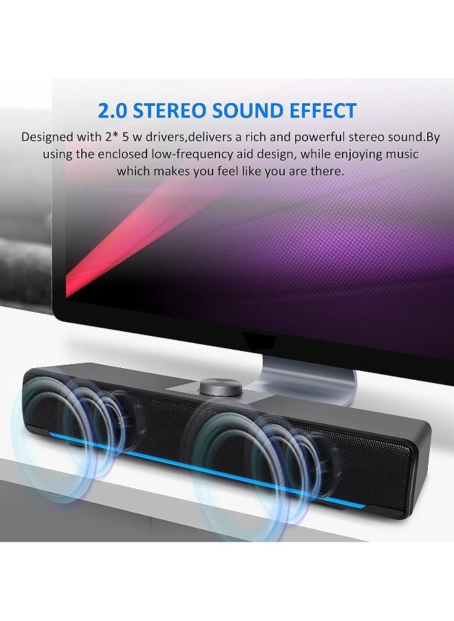 Computer Speakers, 2.0 Stereo USB Powered Wired Soundbar Speaker with Blue LED Light and 3.5 mm Aux Connection for TV Desktop Laptop PC Monitor Mobile Phone