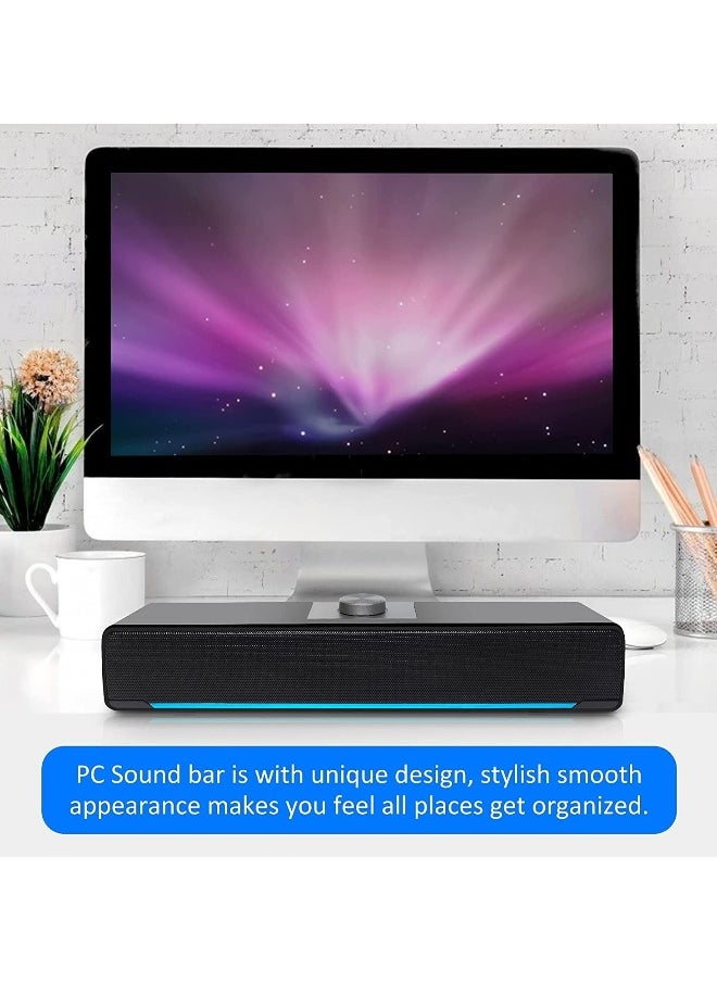 Computer Speakers, 2.0 Stereo USB Powered Wired Soundbar Speaker with Blue LED Light and 3.5 mm Aux Connection for TV Desktop Laptop PC Monitor Mobile Phone