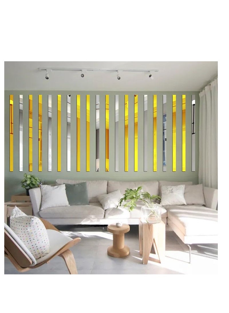 Mirror Wall Stickers, 10 Pcs 5*20cm Striped Design Mirror Wall Stickers, Art Tile Decal, DIY Self Adhesive Wall Line Border Decals, Removable Acrylic Mirror Sheets Wall for Home Decor, Gold