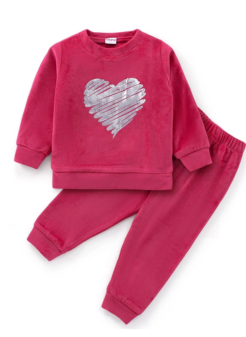 Babyhug Velour Knit Full Sleeves Winter Wear Night Suit//Co-ord Set with Heart Print - Pink(9-24M& 2-3Y)