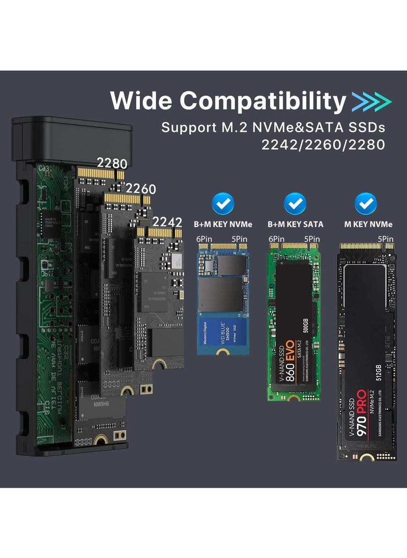 M.2 NVME SATA SSD Enclosure Adapter Reader, with Cooling Fan, Tool-Free USB C 3.1 Gen 2,10 Gbps NVME, 6Gbps SATA,Chips RTL9210B External Solid State Drive for PCIe 2280/2260/2242 M Key