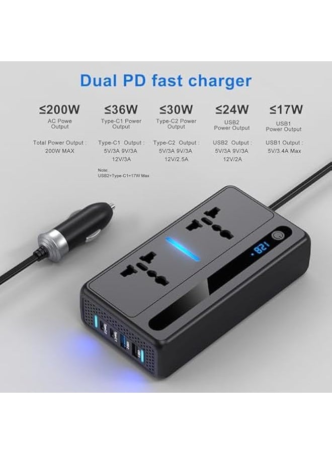 200W Car Power Inverter, DC 12V/24V to 220V Car Inverter with 2 USB and 2 Type C Ports, Charger Adapter Car Plug Converter with Switch and Current LED Screen, Suitable for Cars, SUV u0026 Truck