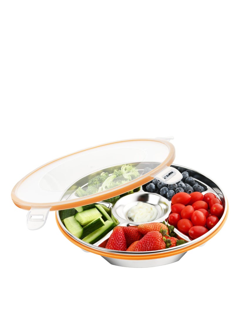 Divided Serving Tray with Lid, 10in Snack Tray with Lid, Leak Proof Veggie Tray with Lid, Vegetable Tray with Lid with Stainless Steel 6 Compartments, Fruit Platter Tray for Party (60 oz)