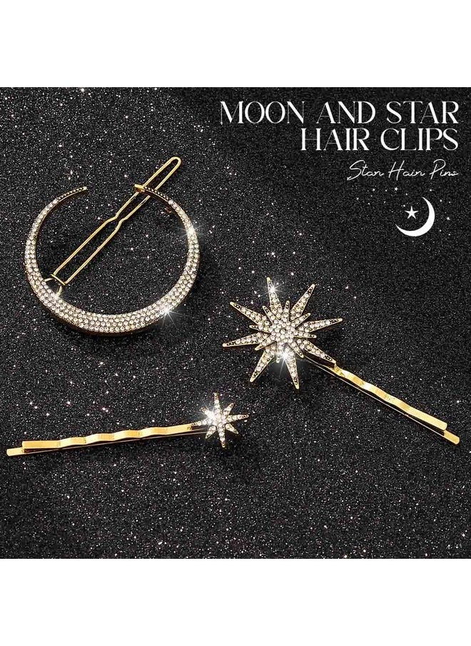 Rhinestone Moon Hair Clips Star Hairpins Crystal Decorative Bobby Pins Retro Bride Wedding Hair Pins Side Clip Hair Accessories For Women And Girls (Pack Of 3) (Bronze)