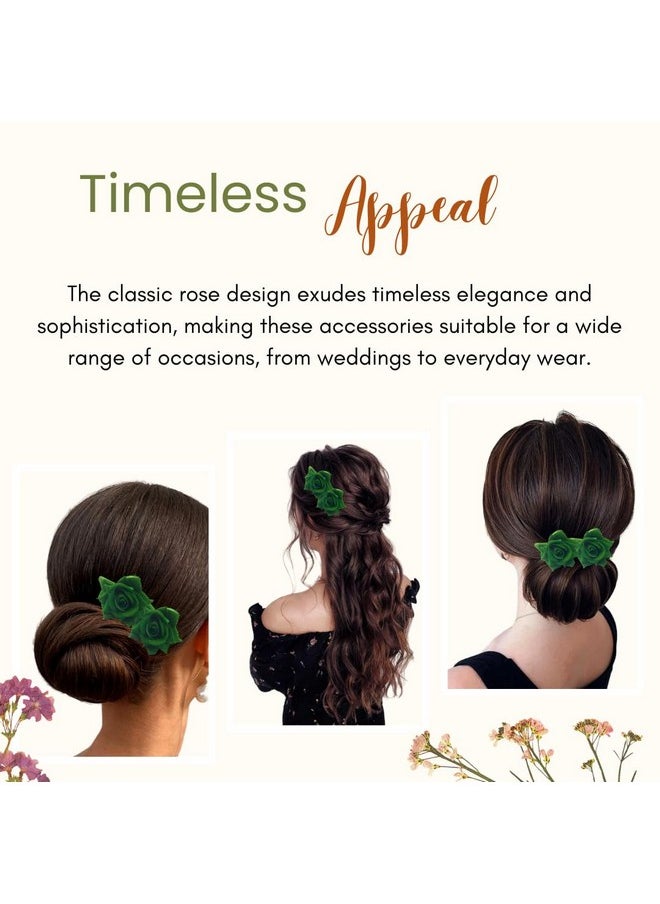 Artificial Plastic & Metal Rose Flower With Abundance Of Petals Design Hairpin/Hair Clip/Judabun | Bridal Hair Accessories For Women & Girls - 2700, Green, Set Of 2