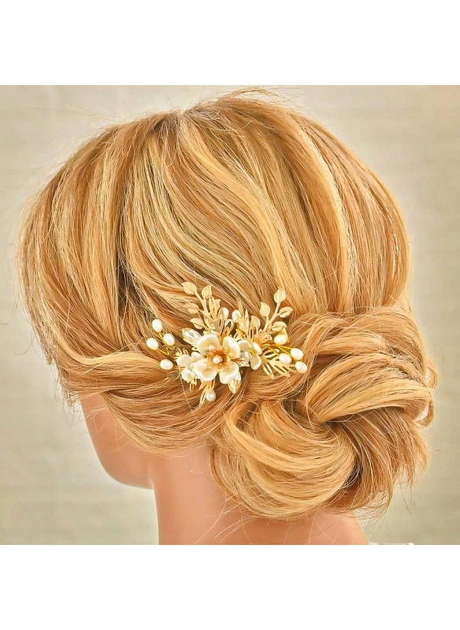 Flower Bridal Hair Clips Gold Leaf Hair Barrettes Pearl Hair Pins Bride Wedding Hair Accessories For Women And Girls