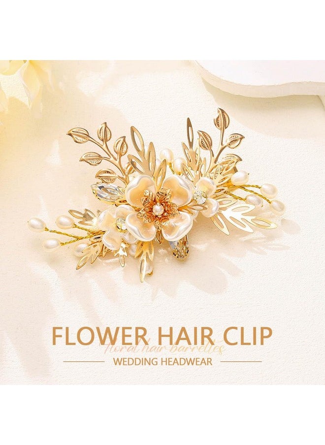 Flower Bridal Hair Clips Gold Leaf Hair Barrettes Pearl Hair Pins Bride Wedding Hair Accessories For Women And Girls