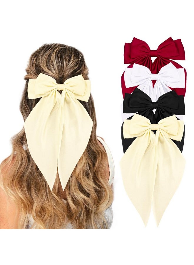 Hairband - 4Pcs Cute Large Satin Hair Bow Clips For Women In Black, Wine Red, White, And Cream - Hair Styling Accessories For Adult Women And Girls - 4 Count Pack Of 1