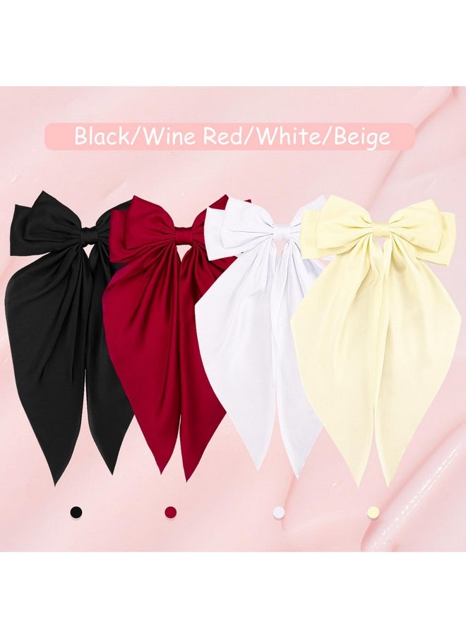 Hairband - 4Pcs Cute Large Satin Hair Bow Clips For Women In Black, Wine Red, White, And Cream - Hair Styling Accessories For Adult Women And Girls - 4 Count Pack Of 1