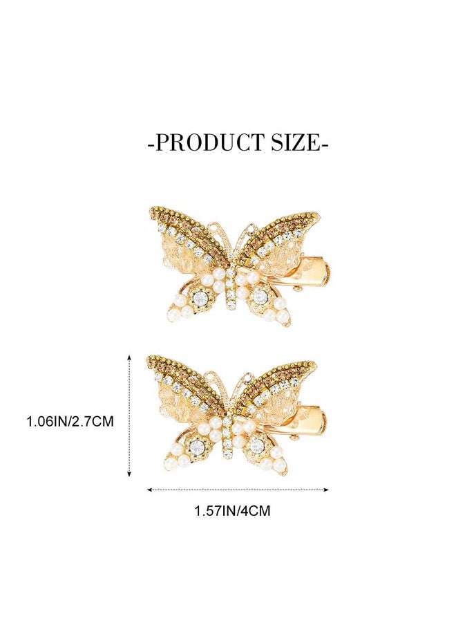 Rhinestone Butterfly Hair Accessories Gold Crystal Decorative Alligator Hair Clips Pearl Pins (Pack Of 2)