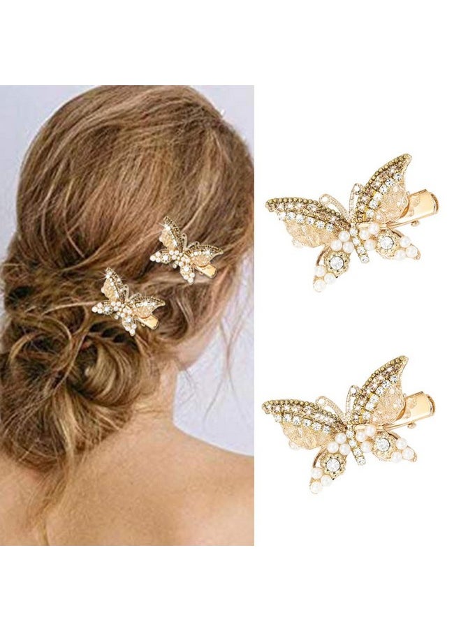 Rhinestone Butterfly Hair Accessories Gold Crystal Decorative Alligator Hair Clips Pearl Pins (Pack Of 2)