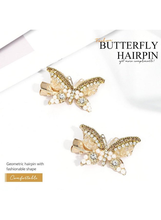 Rhinestone Butterfly Hair Accessories Gold Crystal Decorative Alligator Hair Clips Pearl Pins (Pack Of 2)