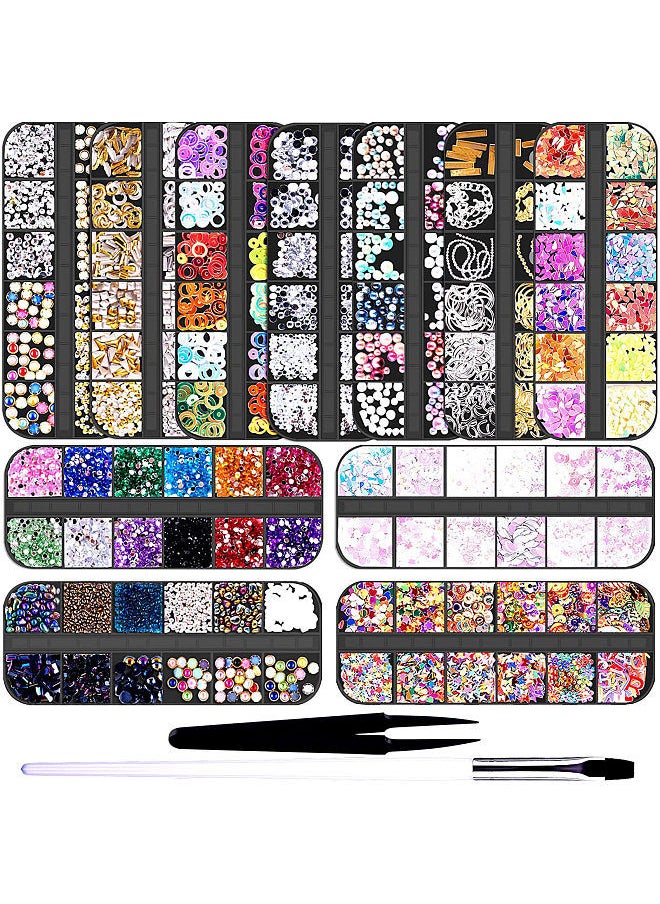 Nail Glitter Set Flat Back Gems Rhinestones Decors with Rhinestones Pick Up Tweezers & Nail Pen for Nail Art DIY 11 Boxes Nail Glitter Sequins