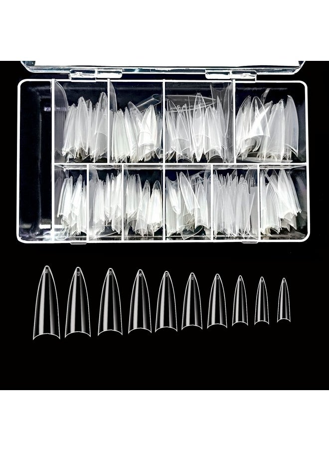 Clear Long Stiletto 500Pcs Artificial Fake Gel Nail Tips,10 Sizes With Clear Plastic Case For Nail Salon