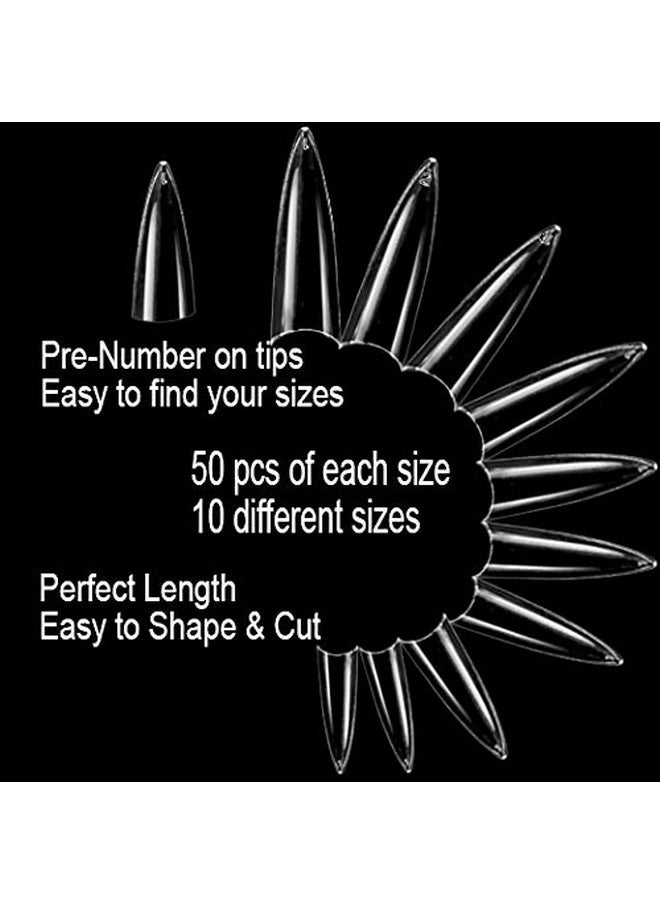 Clear Long Stiletto 500Pcs Artificial Fake Gel Nail Tips,10 Sizes With Clear Plastic Case For Nail Salon